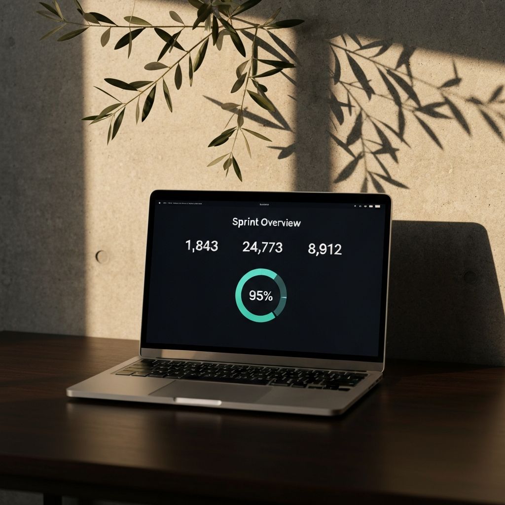 Laptop displaying Sprint Overview dashboard with metrics and progress indicator in a modern workspace.