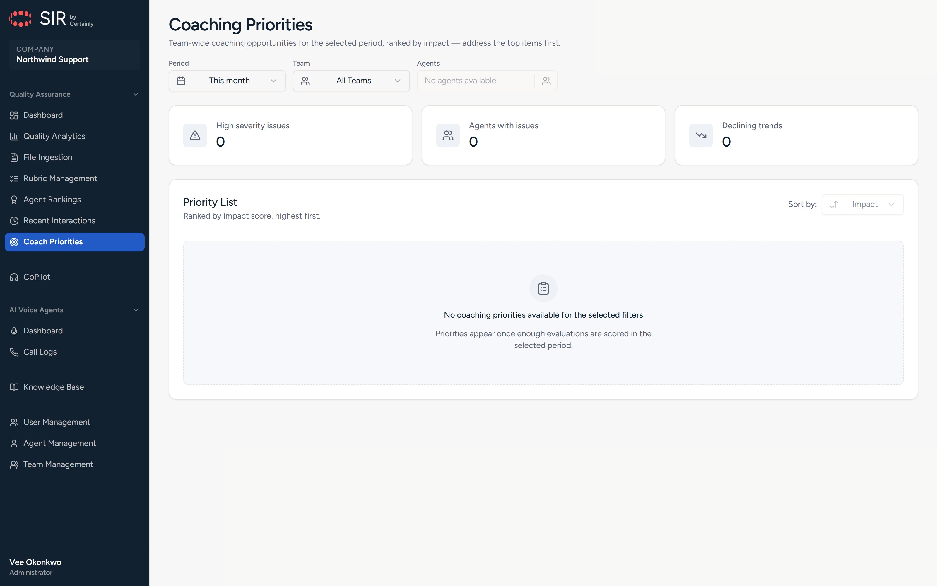 Certainly CX — Coaching priorities, in its empty state — the layout the visual regression suite protects.