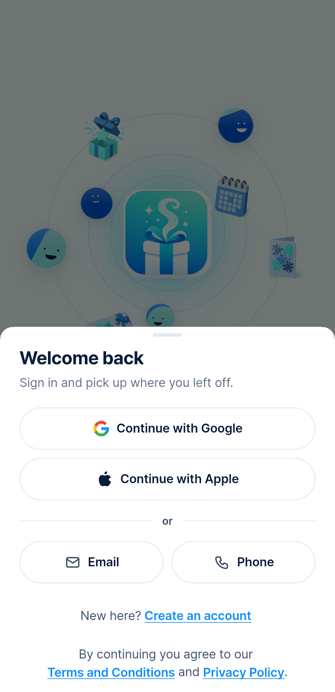 Gift Genie — Sign-in is a sheet over the welcome screen, not a route away from it — the same sheet carries the sign-up copy.