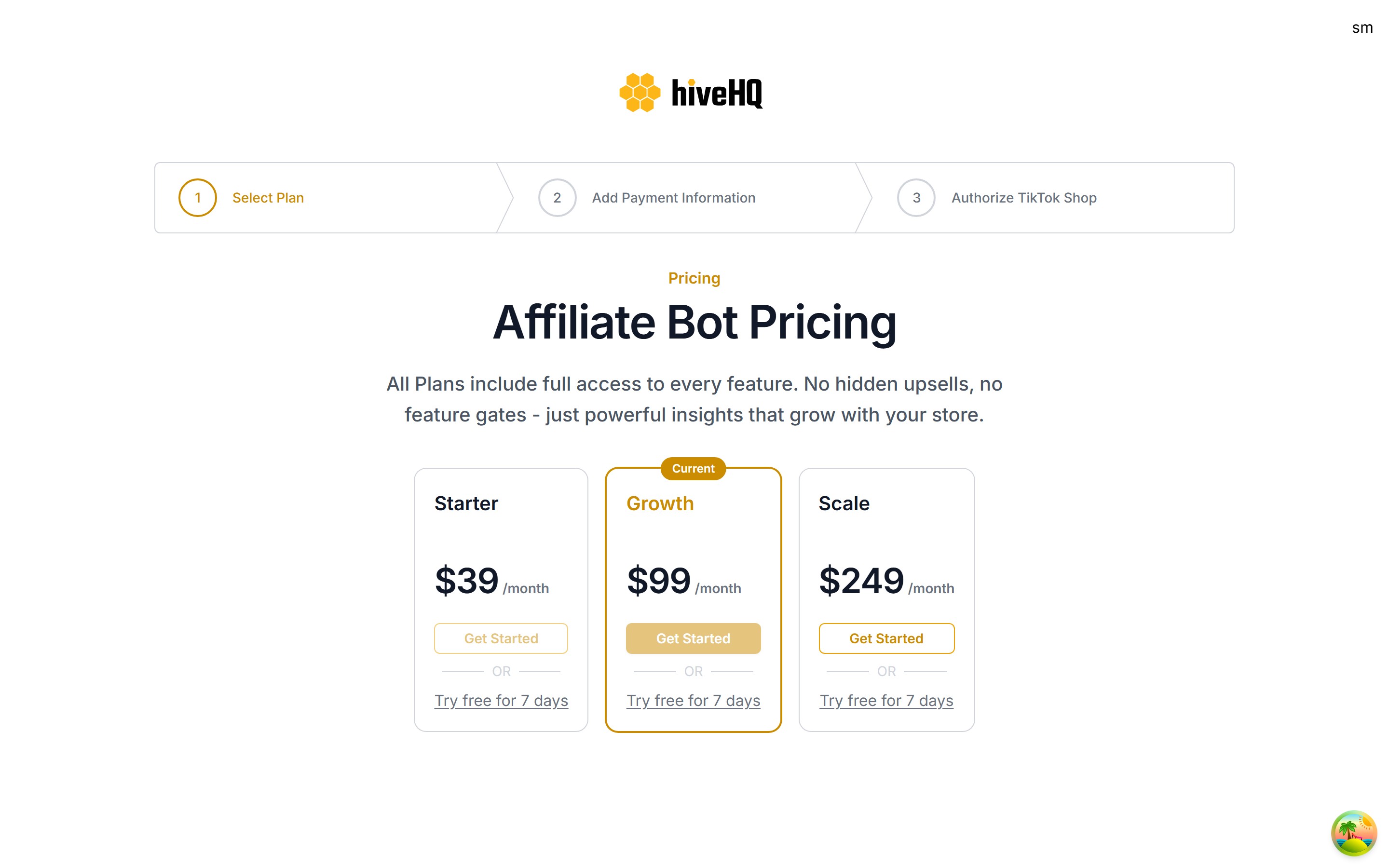 HiveHQ Affiliate App — Onboarding — plan, payment, then TikTok Shop authorisation. The app stays gated until all three are done.