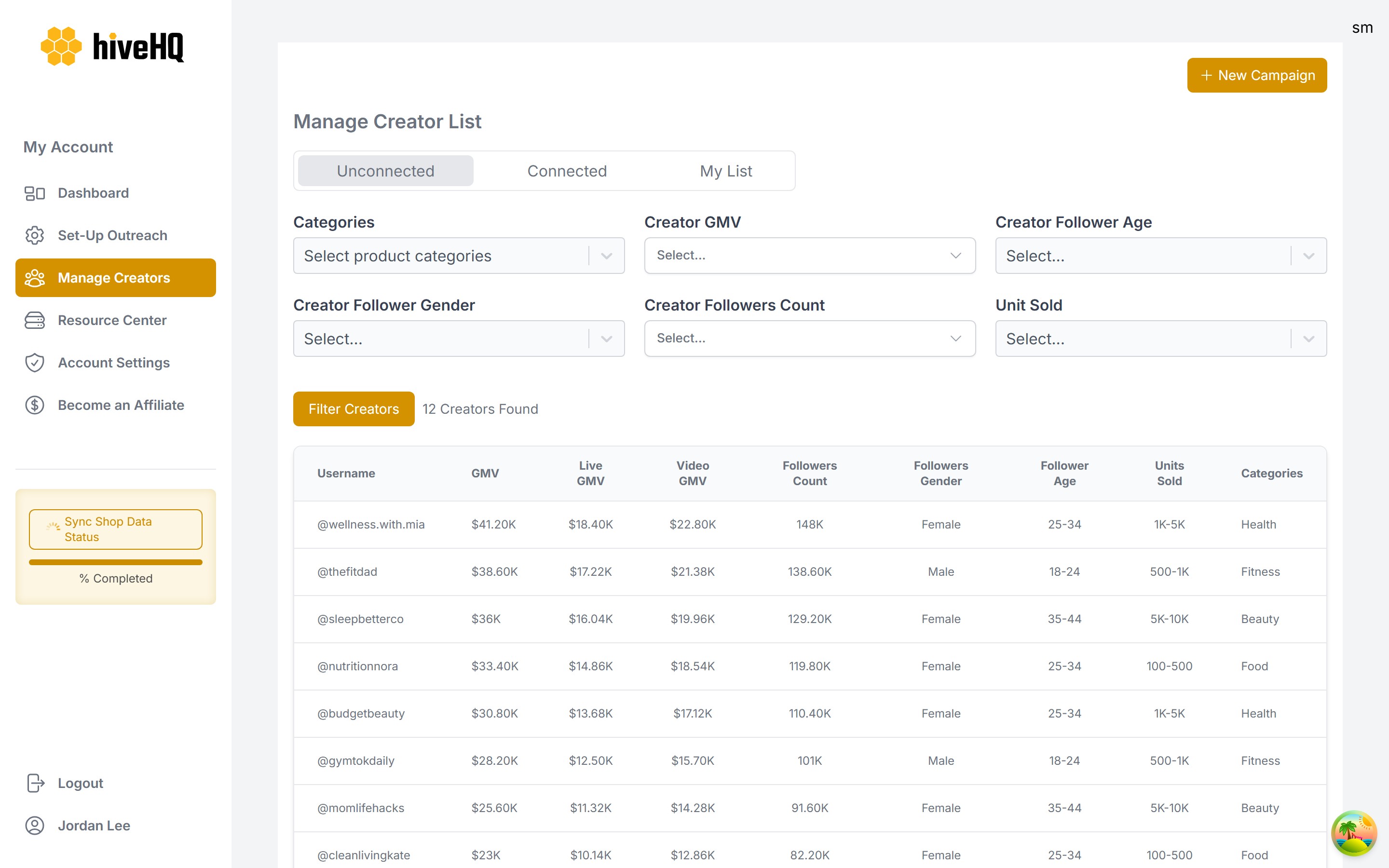 HiveHQ Affiliate App interface