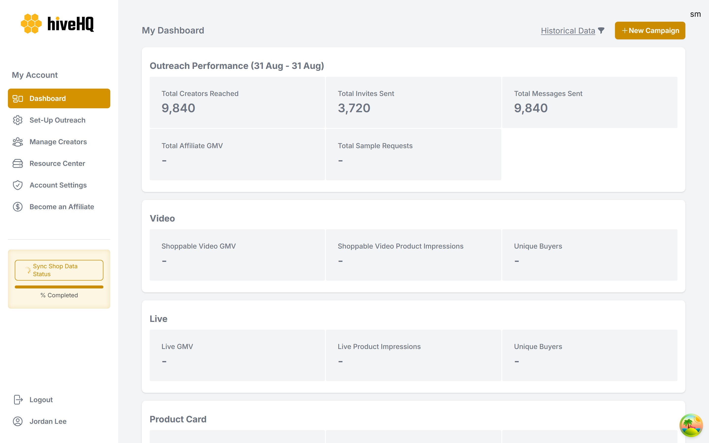 HiveHQ Affiliate App — Affiliate dashboard — outreach, video and live performance, with live figures arriving over a websocket.