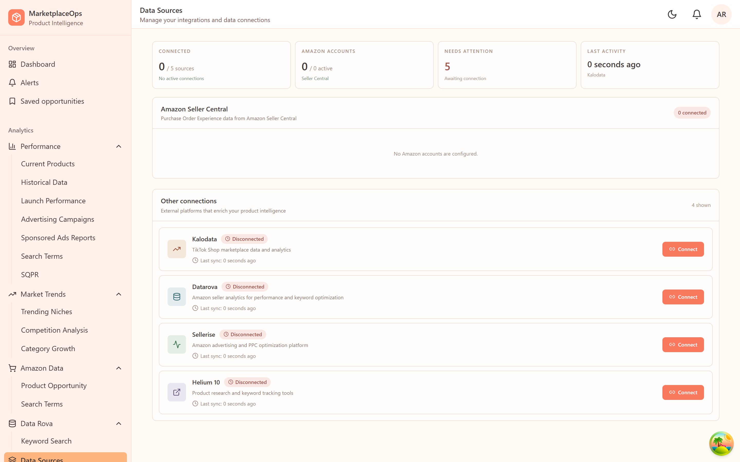 Marketplace Ops — Data Sources — connection state for the five upstream integrations.