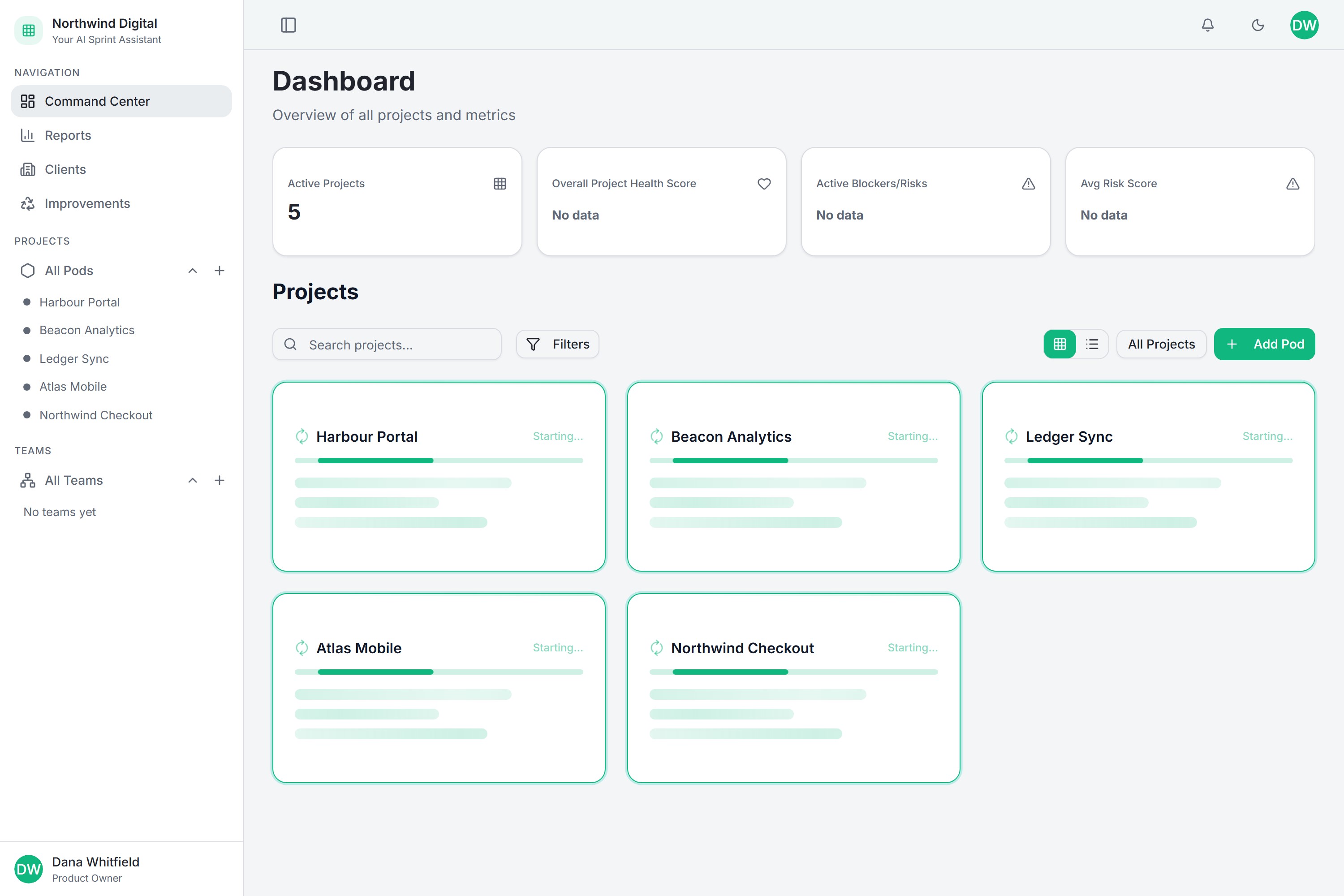 SPOT — The command centre. Project cards sit in their pre-sync state — no tracker is connected, so they show progress skeletons rather than invented numbers.