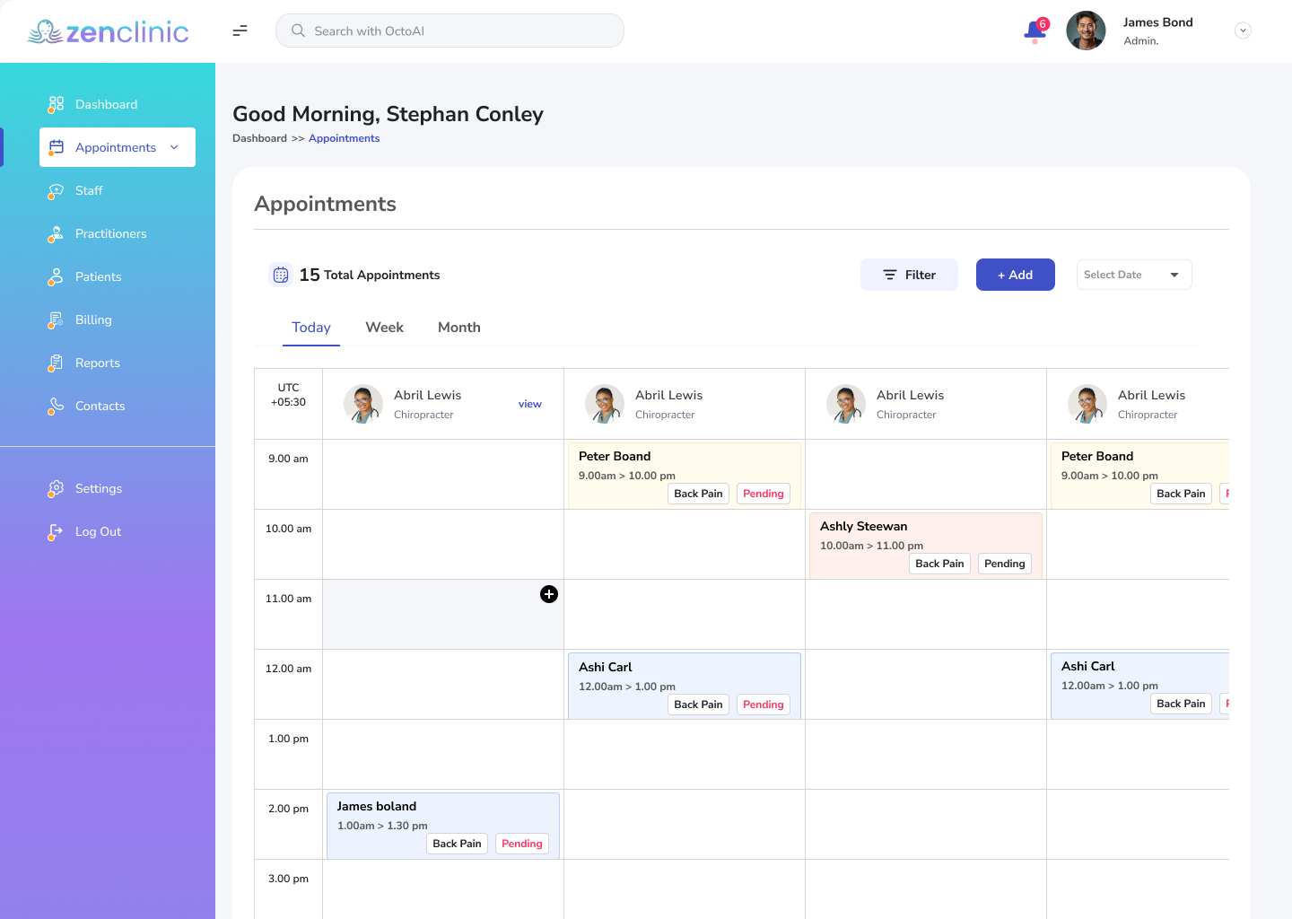 Zenclinic — Appointments — day view across practitioners with status at a glance