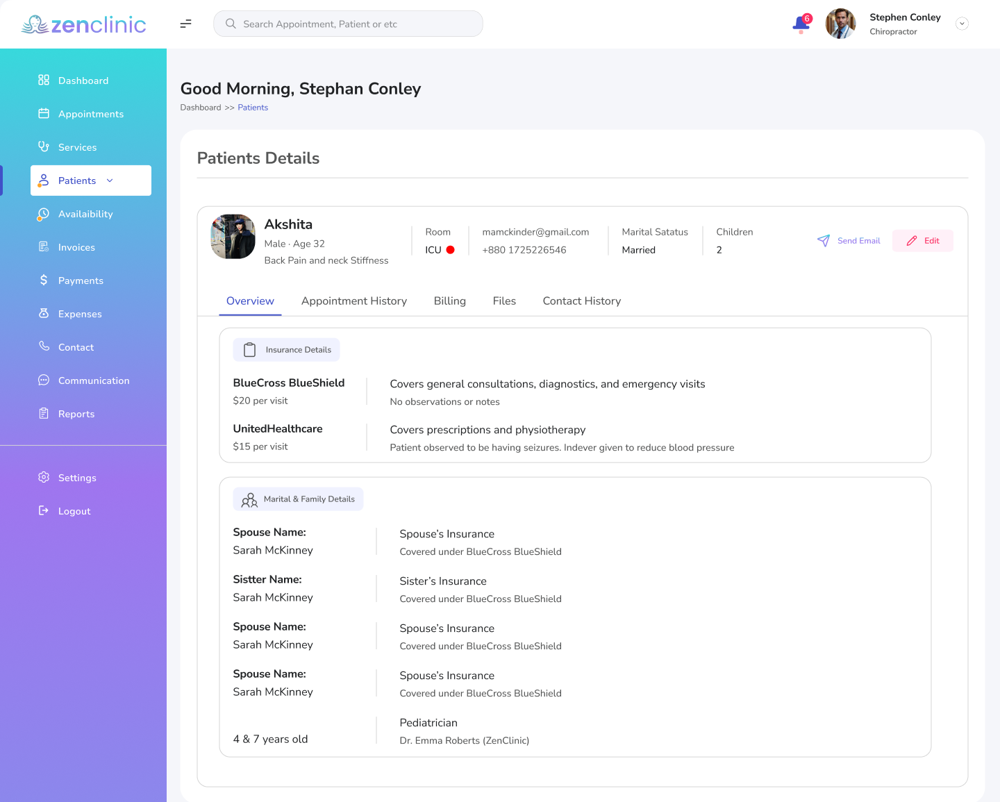 Zenclinic — Patient details — insurance coverage, family details, history, billing, and files